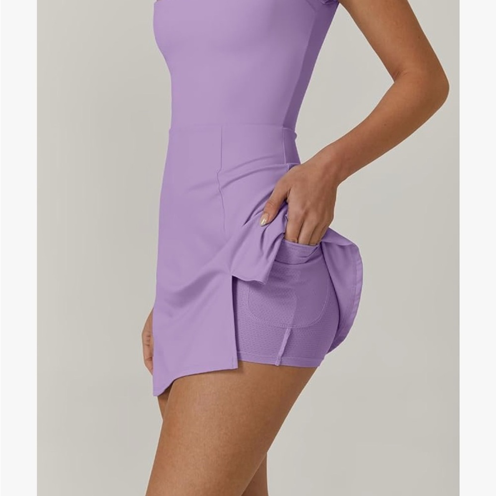 QINSEN Womens Square Neck Tennis Dress Short Sleeve Built in Shorts - Picture 3 of 7
